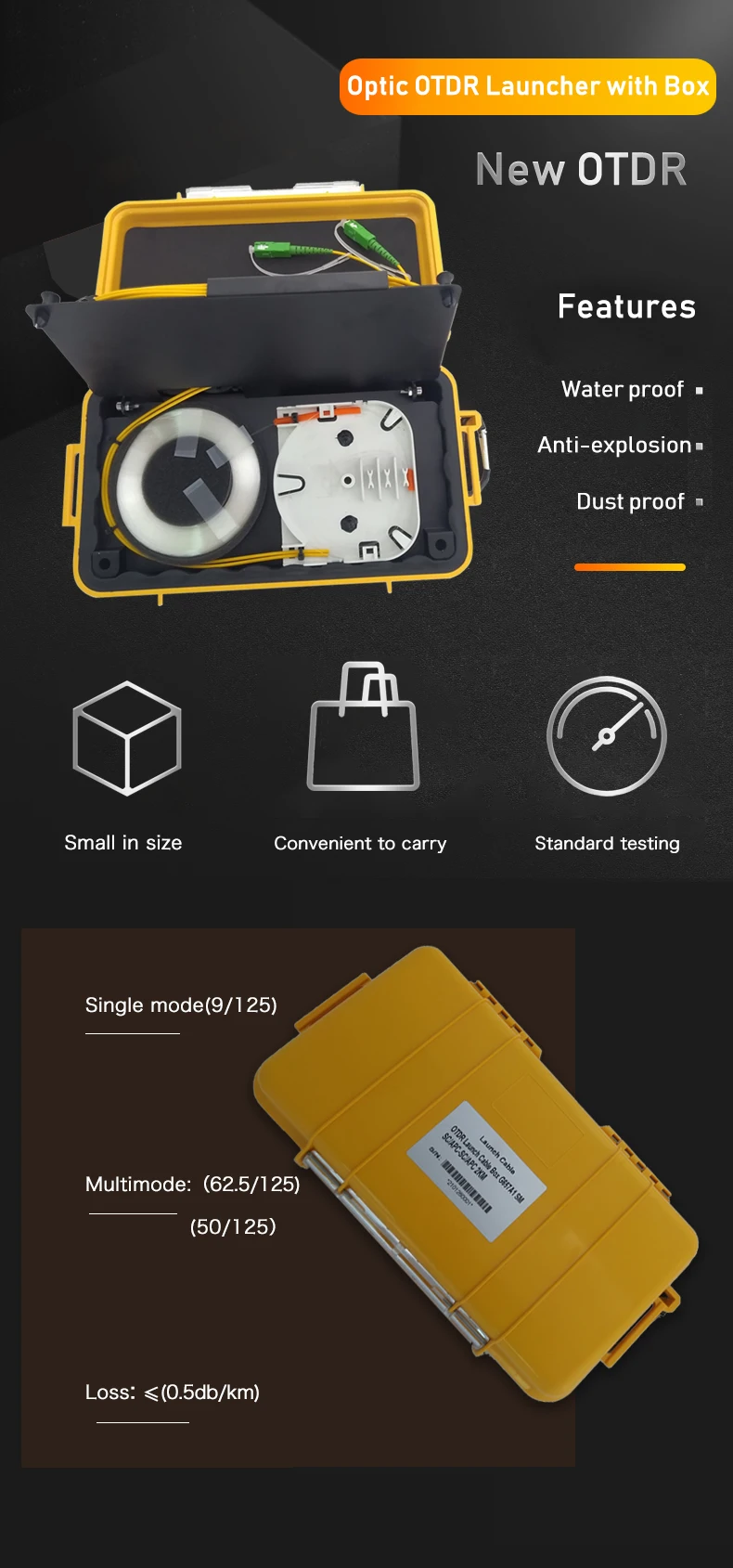 850/1300nm Multimode Fiber Optic Launcher OTDR 500m Cable Waterproof Yellow Box with LC/SC Customized Connector