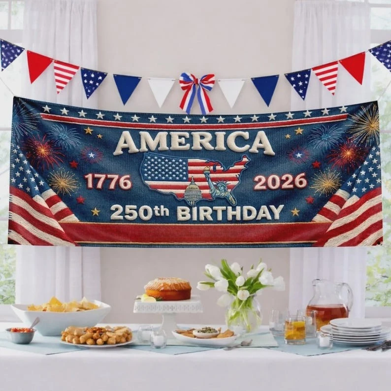 USA 250th Birthday Banner, America 1776-2026 Map Patriotic Party Decor, Celebration Backdrop Sign, for Mom Dad Kids