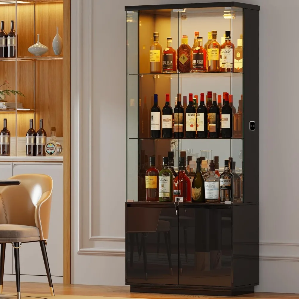 

71'' Display Cabinet with Glass Doors,3-Tier High Gloss Wine Bar Cabinet with Adjustable Glass Shelf, Lockable Curio Cabinets wi