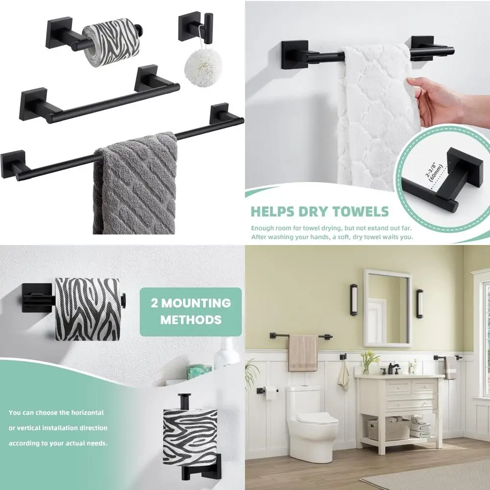 

Matte Black 4-Piece Stainless Steel Bathroom Accessory Set: Robe Hook & Toilet Paper Holder