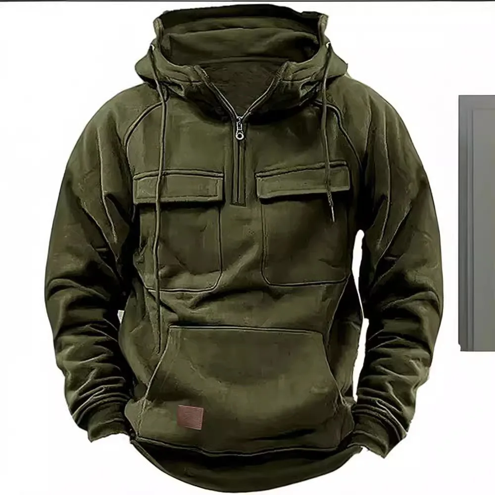 

Spring and Autumn New Men's Style Hooded Solid Color Loose Sweater Youth Sports Multi-pocket Patch Leather Sweater Jacket Male