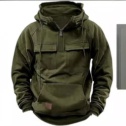 Spring and Autumn New Men's Style Hooded Solid Color Loose Sweater Youth Sports Multi-pocket Patch Leather Sweater Jacket Male