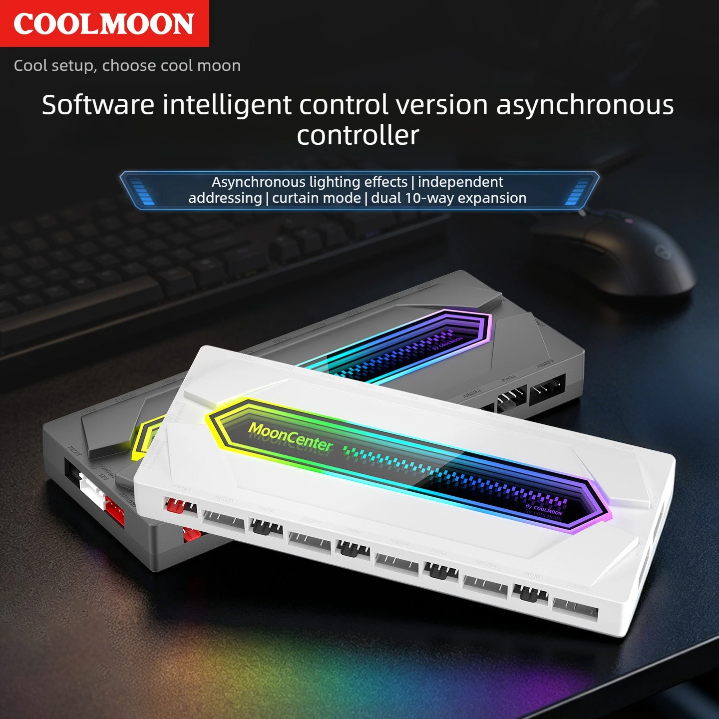 Coolmoon V10 Software-Controlled Asynchronous PWM ARGB Smart Fan Hub Controller with Silent Temp Control Desktop Computer Case