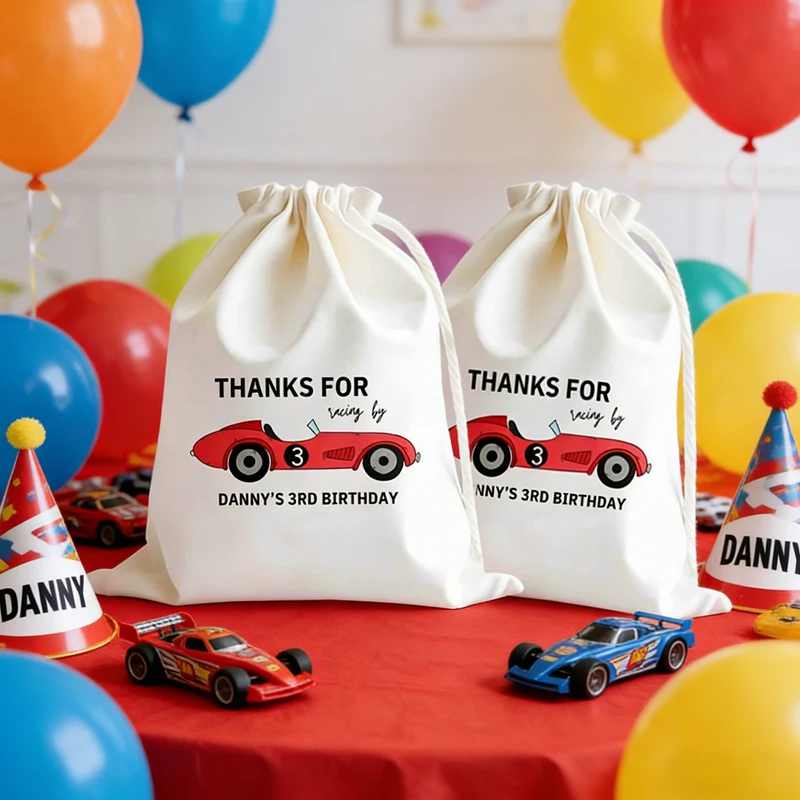 Personalisierte Rennwagen-Geschenktüten mit Kordelzug, Kindergeburtstag, Rennwagen-Thema, Willkommen, Dankeschön, Geschenk für Kinder, Party, Dekoration – Detail 5