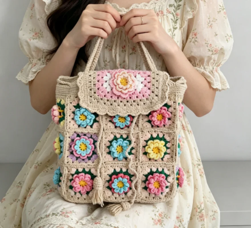 

Вязаный вручную шерстяной рюкзак с узорами в виде вишни, подсолнуха, гриба и розы, идеально подходит для повседневного использования.