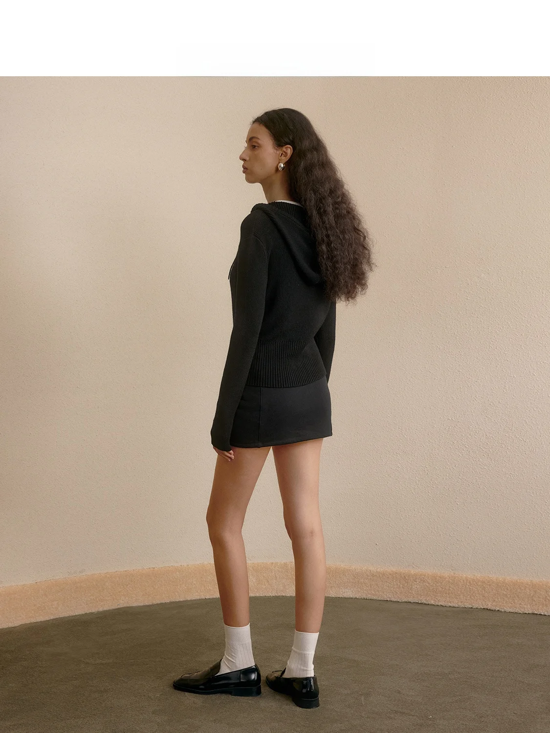 ZhiZhi Women's Zipper Woolen Jacket Hooded Slim Fit Casual Top Black Cotton Silk Wool Blend Commute Style Artistic Fashion