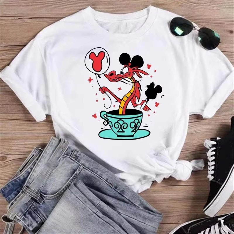 

Fashion Disney Mulan Print T-shirt Women Harajuku Aesthetics Casual Tops Tshirt New Summer Mushu Printed Female T Shirt Tops