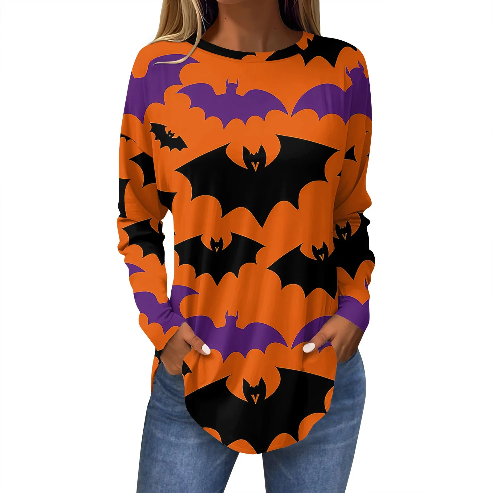 توب فضفاض برقبة دائرية للنساء ، طباعة الهالوني ، أكمام طويلة ، تنحنح منحني ، بلوفر أساسي ، قمم تناسب كل شيء ، الربيع والخريف