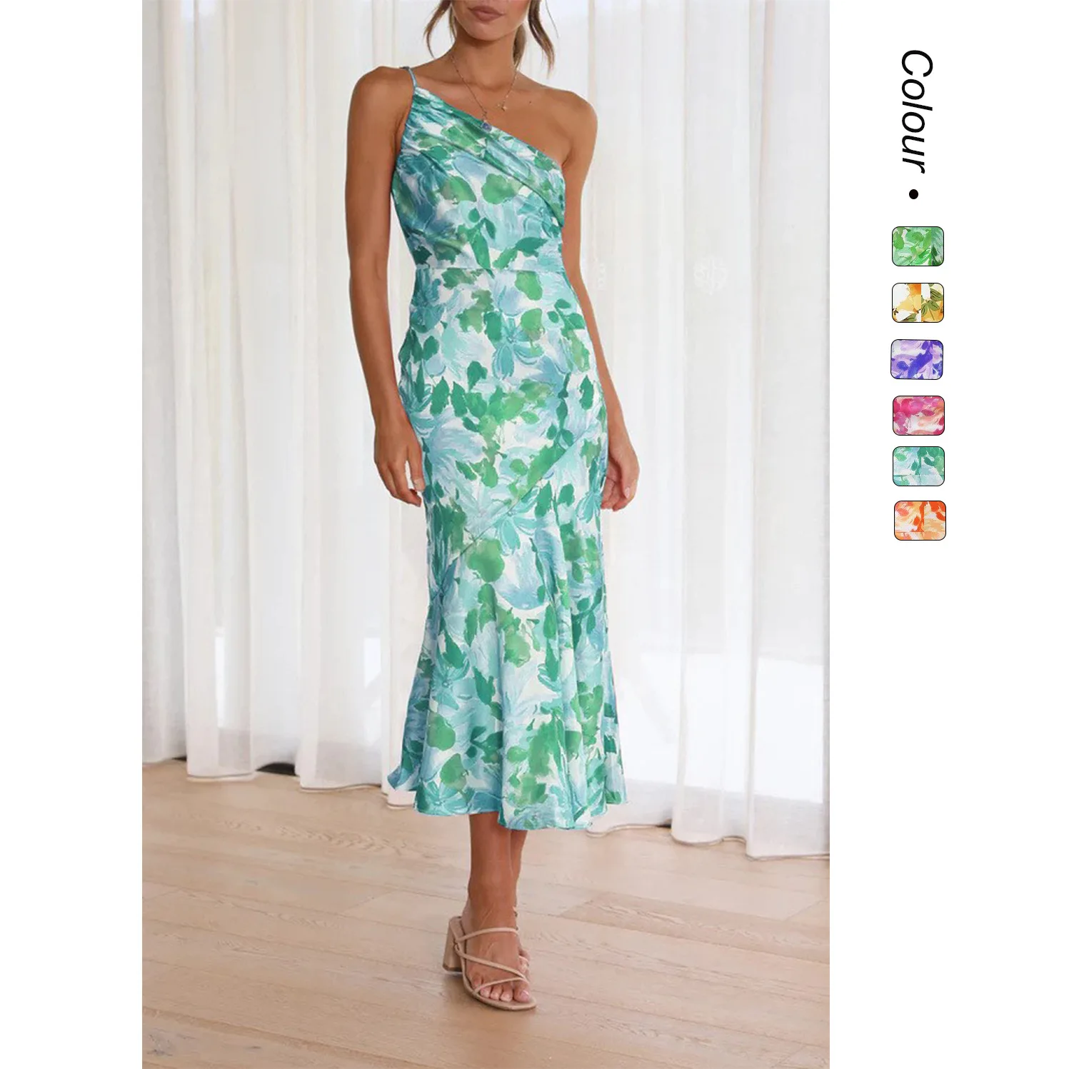

2025 Elegant Oblique Shoulder Pleated Floral Print Spaghetti Dresses For Women Sexy Backless Strape Summer Midi Dress Vestidos
