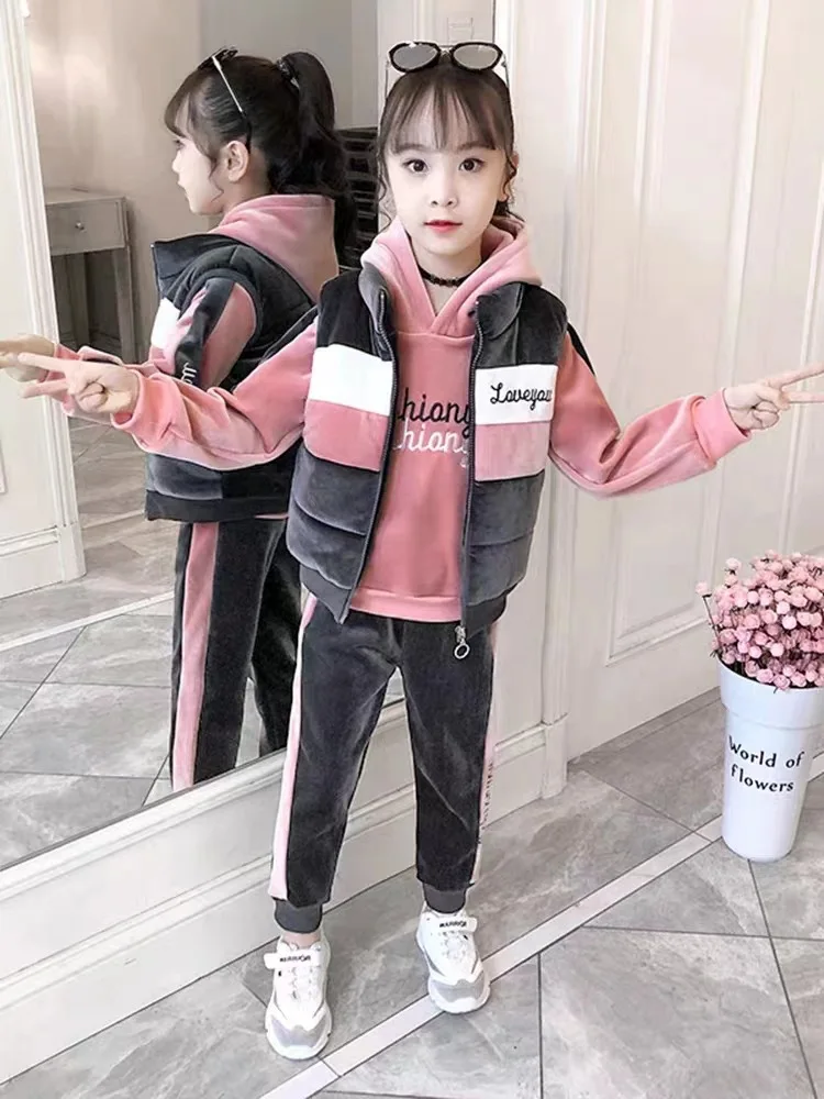 2023 winter girls tracksuit Autumn Toddler Teenager Clothes velvet jacket vest + hooded + strip Pant Children Kids 10 11 12 year