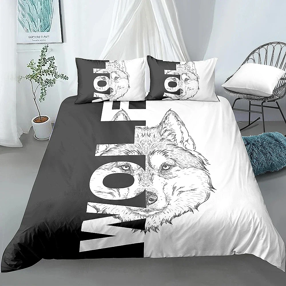 Wolf Animal Bedding Set King Queen Black White Lion Snake Wildlife Polyester Duvet Cover Set for Men Adults 2/3PCS