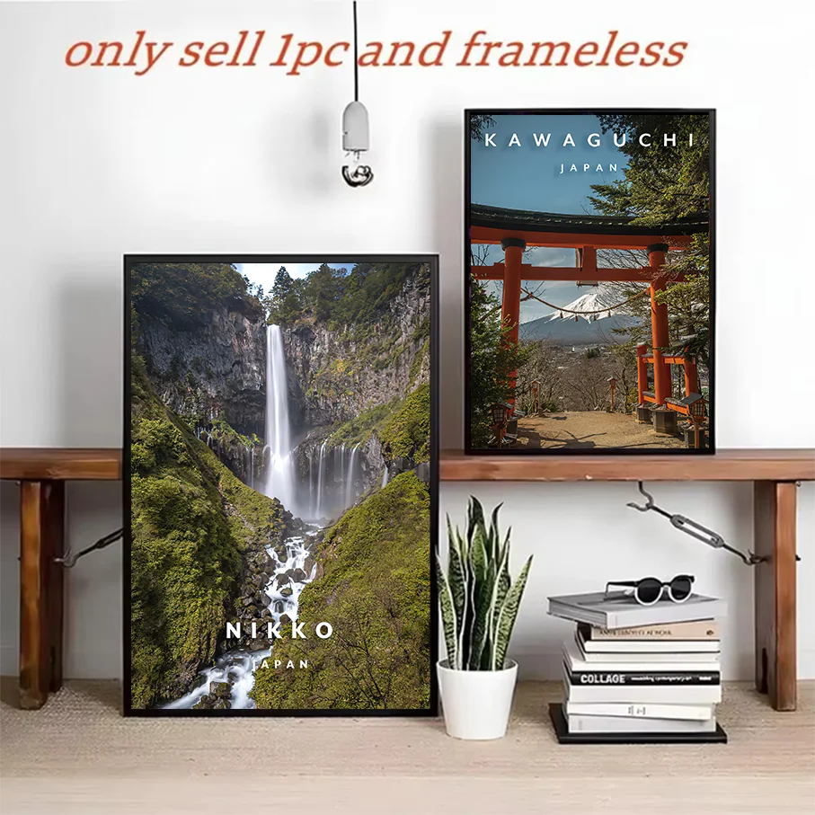 Frameless Canvas Wall Art Japan Travel Poster Nikko Waterfall Kawaguchi Mount Fuji Torii Gate Canvas Print