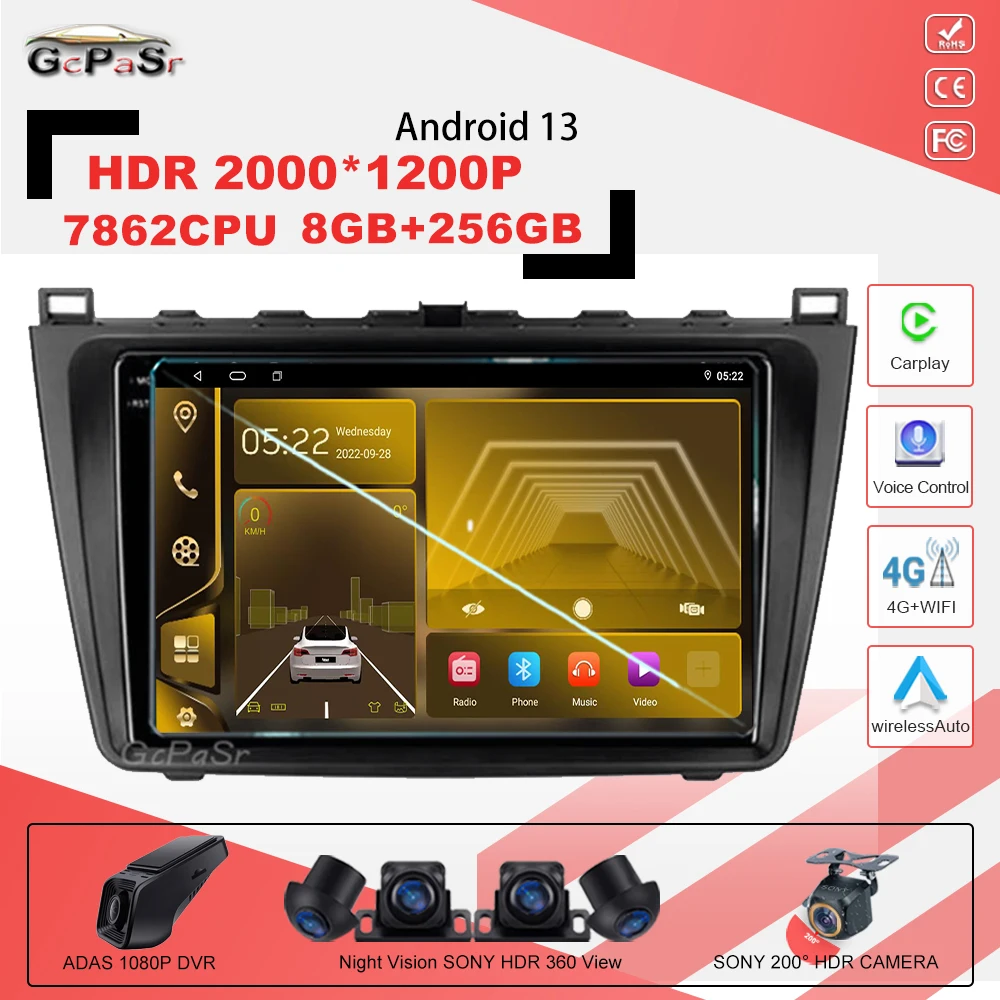 

Автомагнитола для Mazda 6 2 GH 2007 - 2012 Android 13, мультимедийный видеоплеер, навигация GPS, Android No 2din, Carplay экран 7862CPU