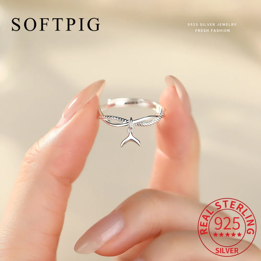 

SOFTPIG Genuine 925 Sterling Silver Fish Tail Charm Adjustable Ring for Women Cute Fine Jewelry Light Luxury Animal Accessories