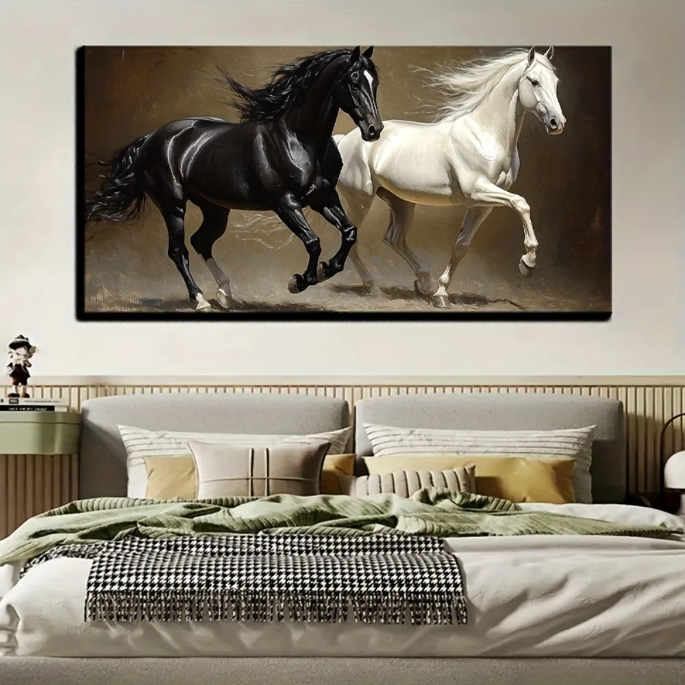 

1 animal running horse canvas painting Canvas wall art Home decoration poster print art, 1.5 inch thick pine solid wood frame