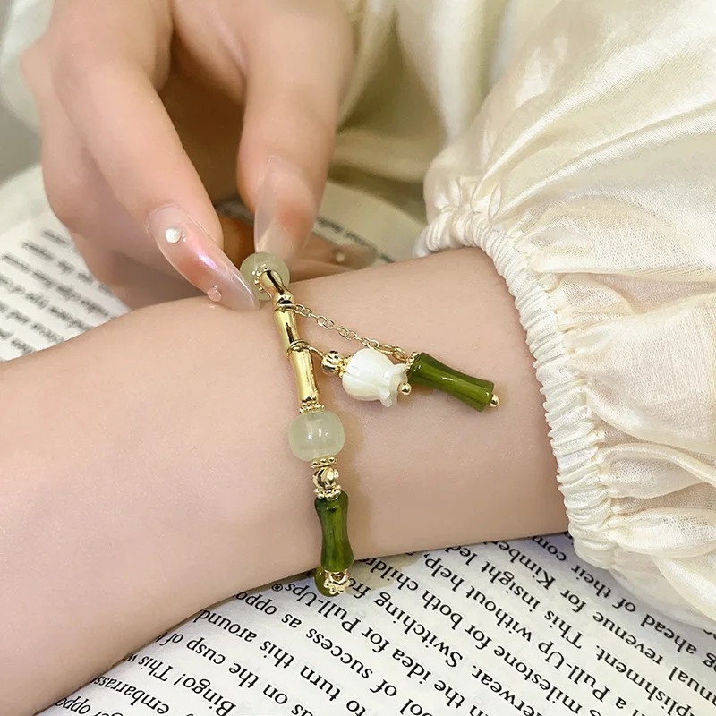 Pulseira Feminina de Jade Sintético Estilo Palácio Requintado, com Design de Bambu e Orquídea, Verde Romântico, com Contas e Toque Fresco, Estilo Chinês