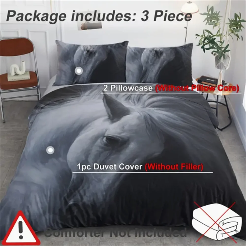 غطاء سرير مطبوع عليه حصان رمادي مكون من 3 قطع مع غطاء لحاف و2 كيس وسادة غطاء لحاف حديث