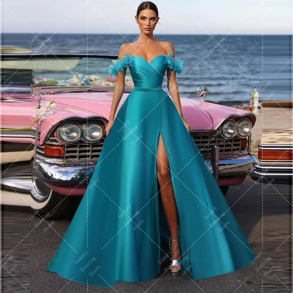 Morden Off The Shoulder Evening Dresses Woman\'s Celebrity A Line Smooth Satin Sexy Side Split Formal Elegant Prom Gowns Vestidos