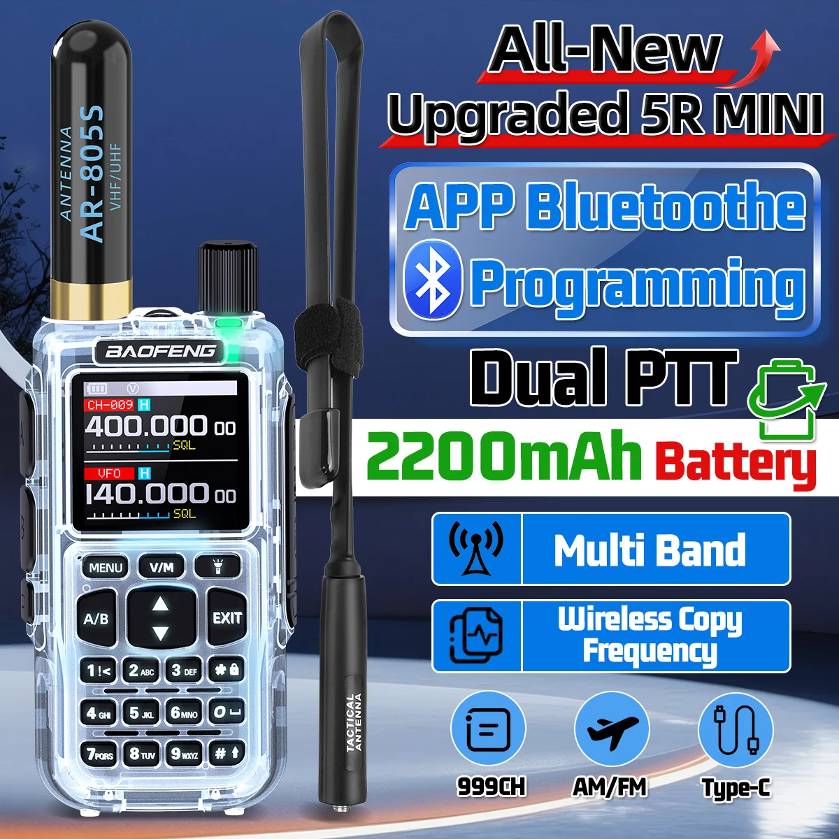 Baofeng MINI 5 Walkie Talkie Upgrade UV-5R Mini Amateur Radio Multi Band Bluetooth Programming Dual PTT For Camping Portable