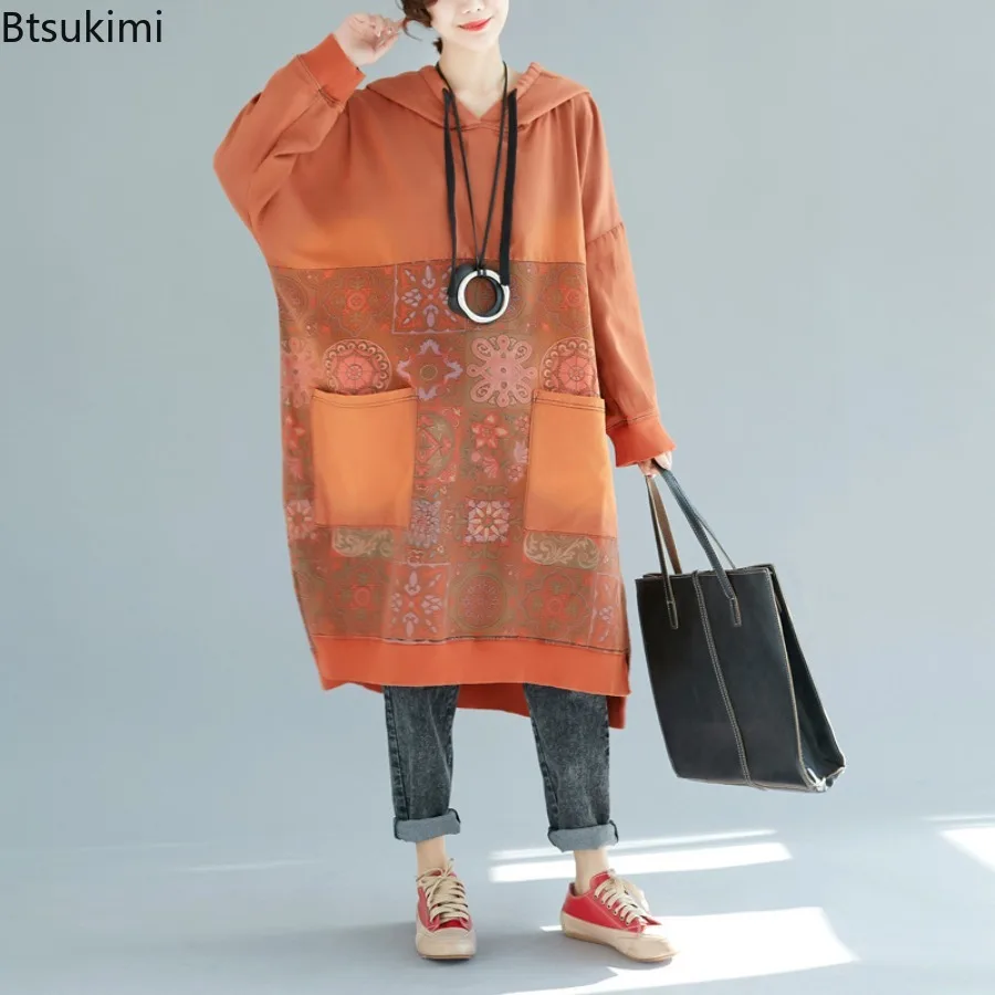 Spring Autumn New Women's Vintage Long Hoodies Fashion Print Casual Pullovers Big Pockets Splice Hooded Dress Women Sweatshirts