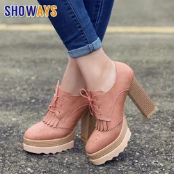 British Women Platform Pumps Pink PU Leather Round Toe Chunky High Heel Tassel Derbies Vintage Casual Lady Lace-up Dress Brogues