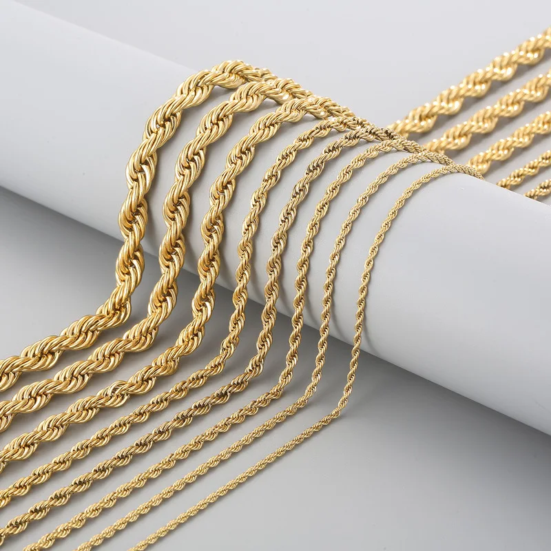 2mm-8mm Gold Color Twist Rope Chain Necklaces For Men Women Hiphop Stainless Steel Waterproof Chains Choker Necklace Jewelry