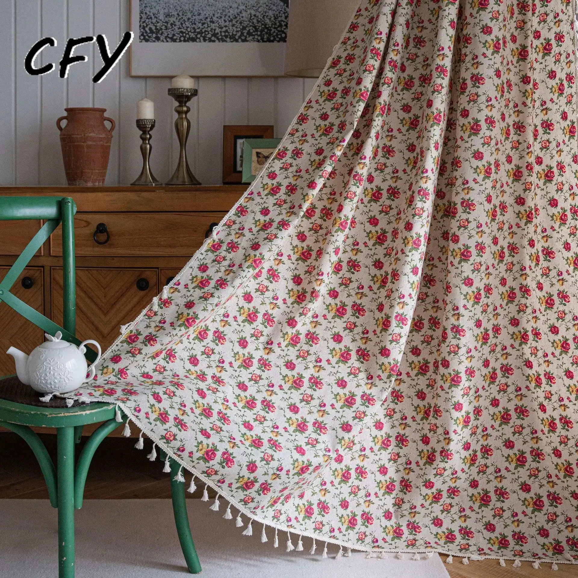 

Cotton Linen American Style Rose Print Bedroom Living Room Easy Drape for Living Room Blackout Thick Window Drapes