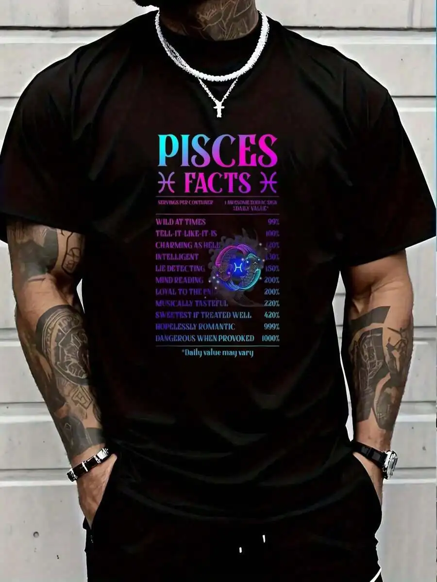100% Cotton Pisces Facts March Birthday Gift For Men Women T-Shirt Men's Black Vacation Crew Neck Short Sleeve Holiday T-Shirt S