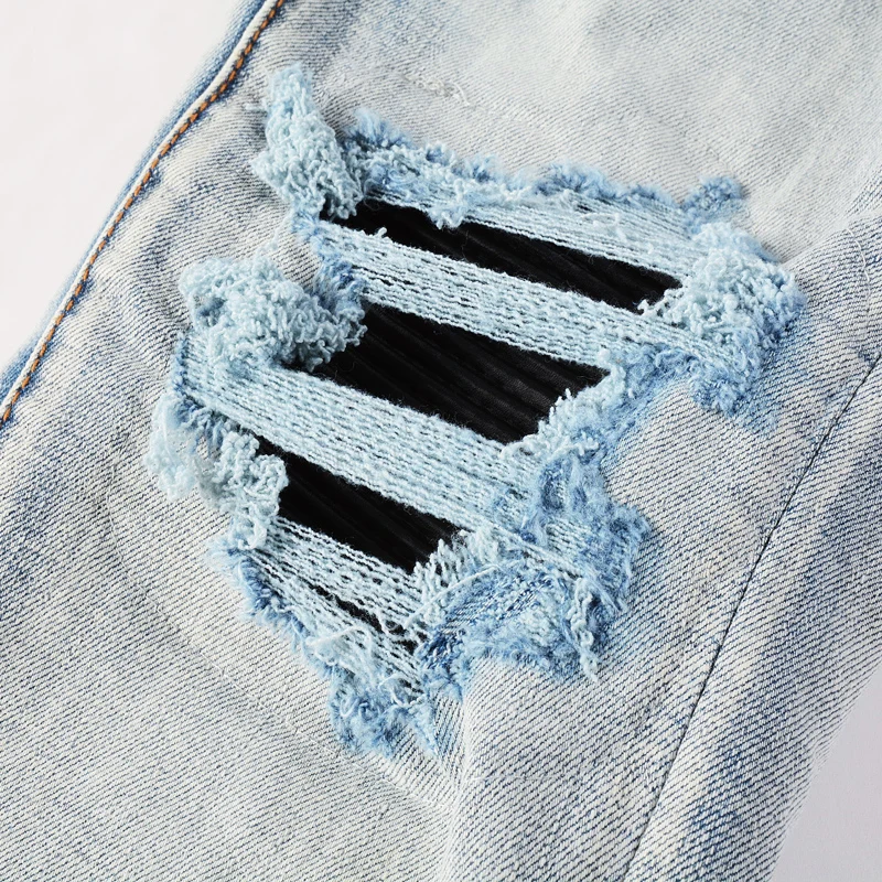 

Fashionable Y2K men's jeans, washed, nostalgic, elastic, slim fit, perforated patch, light blue jeans, high street hip-hop brand