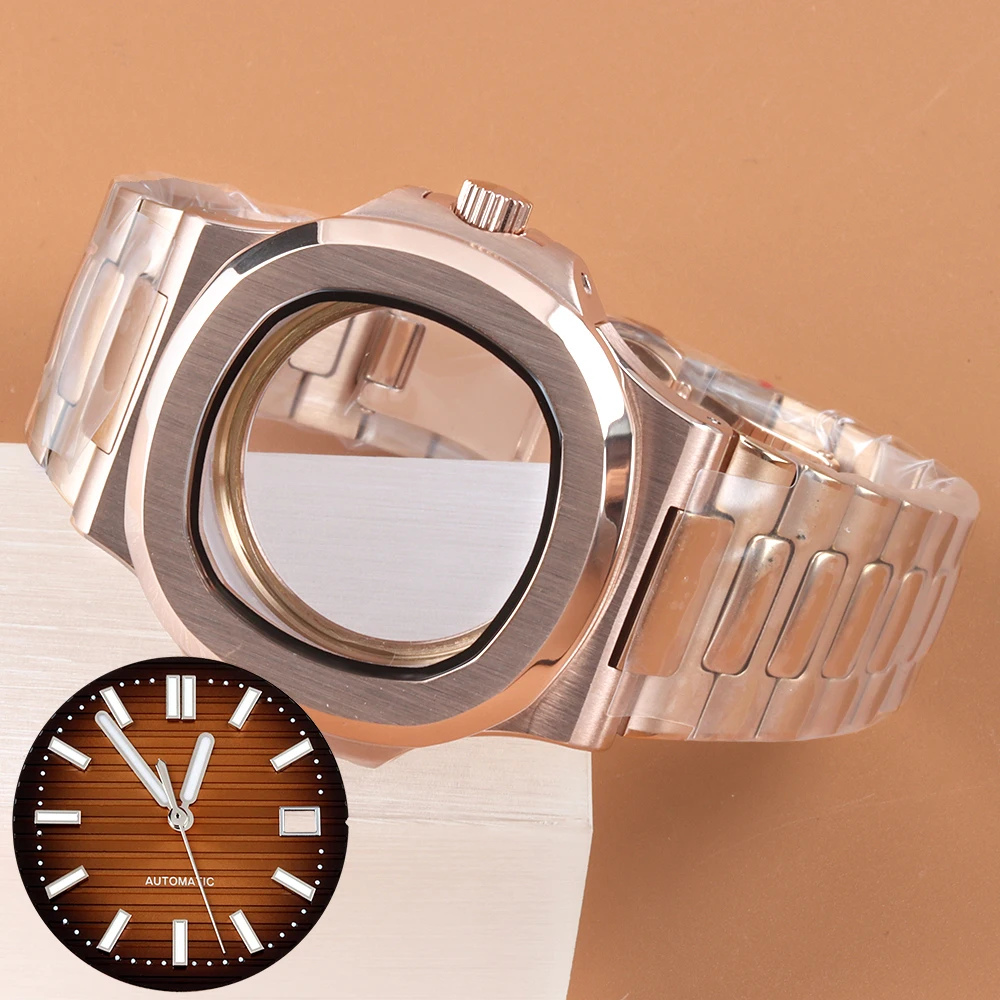 

Rose Gold 40mm Case For Nautilus NH35 NH36 NH38 Movement Watch Case Bracelet Stainless Steel 29.8mm Dial Hands Green Luminous