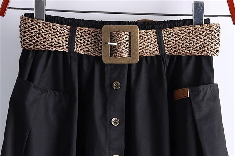 2025 Spring Summer Women Washed Cotton Elastic High-waist Skirt Pocket Belt Solid Long A-line Skirts Split Hem All-match Skirts