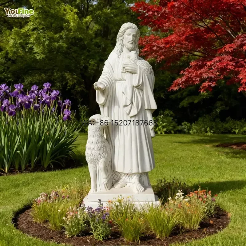 Wmwmnu for YOUFINE Life Size White Stone Jesus Sculpture Marble Shepherd Statue with Sheep Outdoor Church Religious Decor