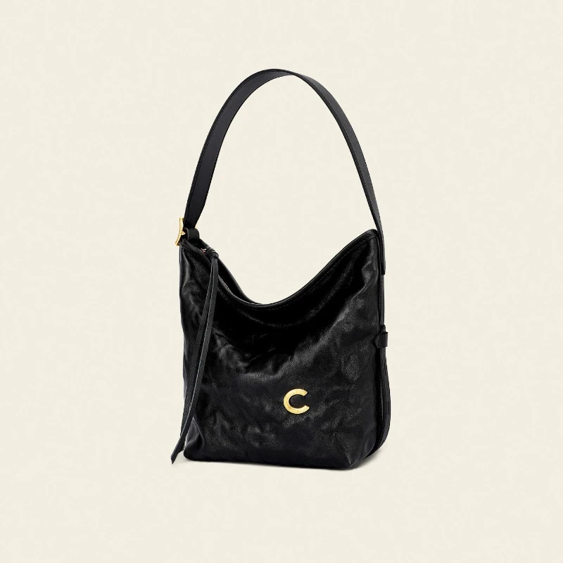 

Cassile 2025 Bucket Bag Women's New Style Wrinkled Vegetable-Tanned Black Single Shoulder Crossbody Bag