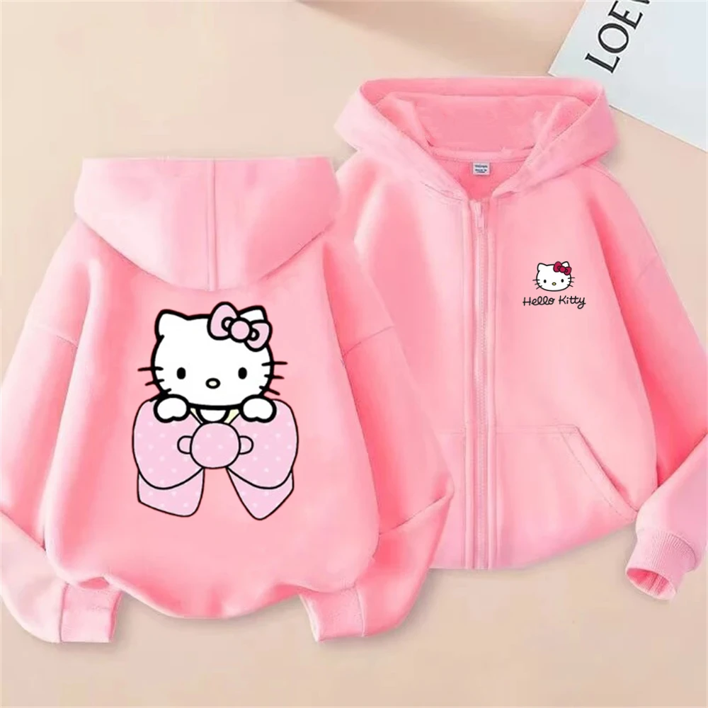 Kawaii Olá Kitty Pink Hoodie Crianças Zipper Roupas Meninas Roupas Moda Meninos Roupas Outono Moletom Quente Crianças Tops