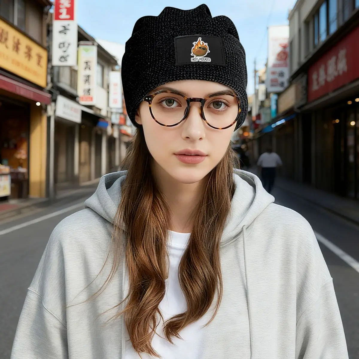 Fisher Potato Waffle Knit Fleece Lined Beanie with PU Leather Patch Unisex Warm Winter Soft Cap