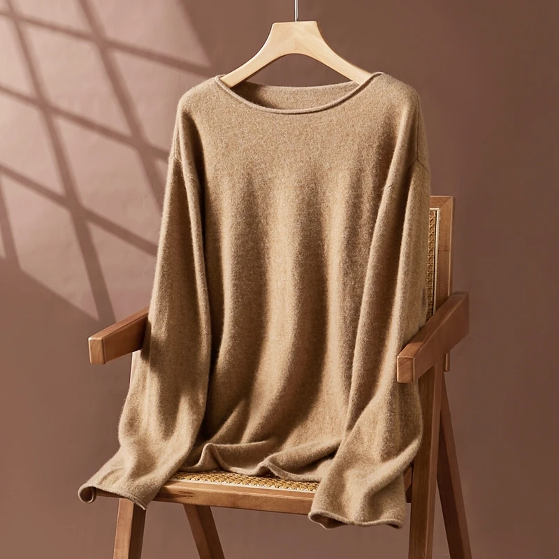 Autumn/Winter Women's 100% Pure Cashmere Pullover Casual Solid Knitted Sweater Loose Curled Edge One Word Neck Tops Warm Jumper