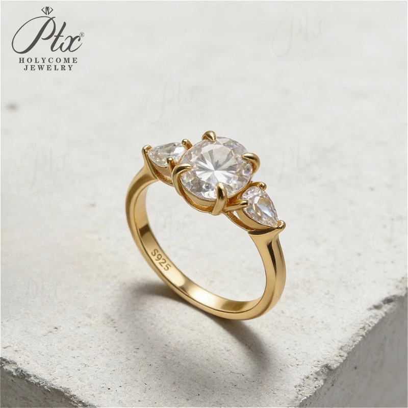 

Moissanite Ring Oval Pear Cut D Color VVS1 Clarity 925 Sterling Silver Plated with 18K Gold Wedding Band Jewelry for Woman Charm