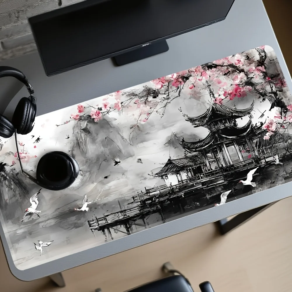 Chinese Ink Cherry Blossom Gaming Mouse Pad, Large Non-Slip Desk Mat with Pavilion & Crane Print for Gamers