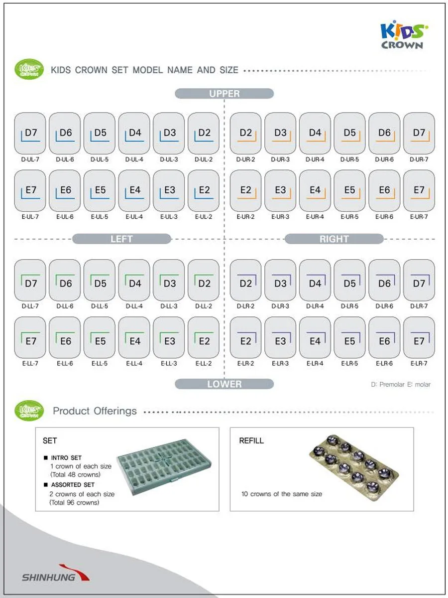 Coroas de aço inoxidável molar primário para crianças, Dental Kids, Coroa posterior, pediátrica, anterior, inferior esquerdo, direito, 10pcs por caixa