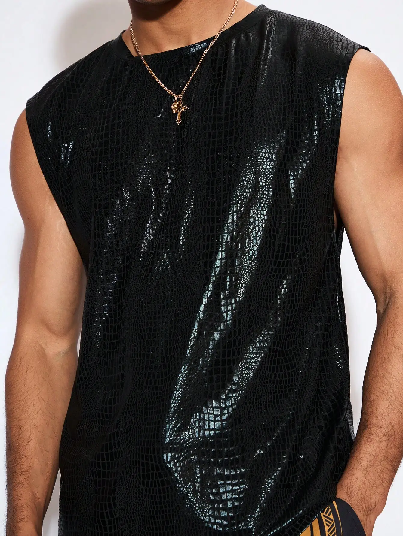 

Men's Black Snake Print Faux Leather Sleeveless Tank Top, Loose Fit for Festival or Night Out
