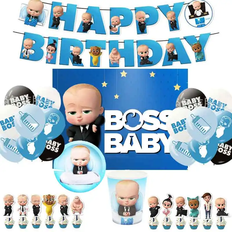 Little Boss-vajilla desechable para fiesta de cumpleaños de niños, decoración de fondo para Baby Shower, plato de Caketopper, Pancarta, taza, caja