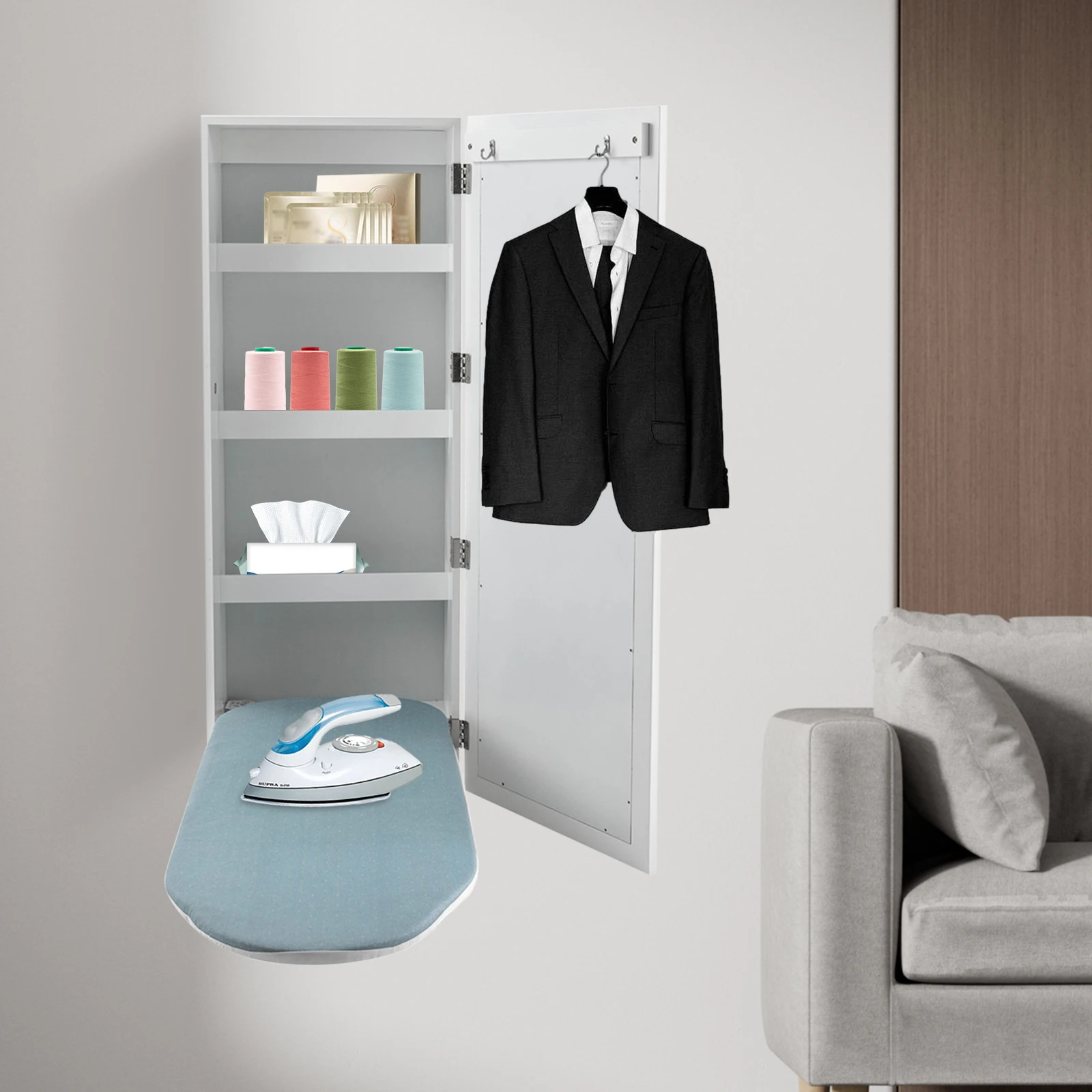 

Wall Mount Ironing Board Cabinet with Mirror, 180° Foldable Swivel Design & Built-in Storage, Modern White MDF Ironing Cabinet