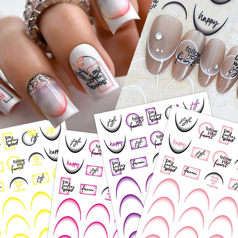 3D Gradient French Line Nail Stickers Rose Red Black Stripe Lines Sliders Nail Accessories Manicure Flower Butterfly Adhesive