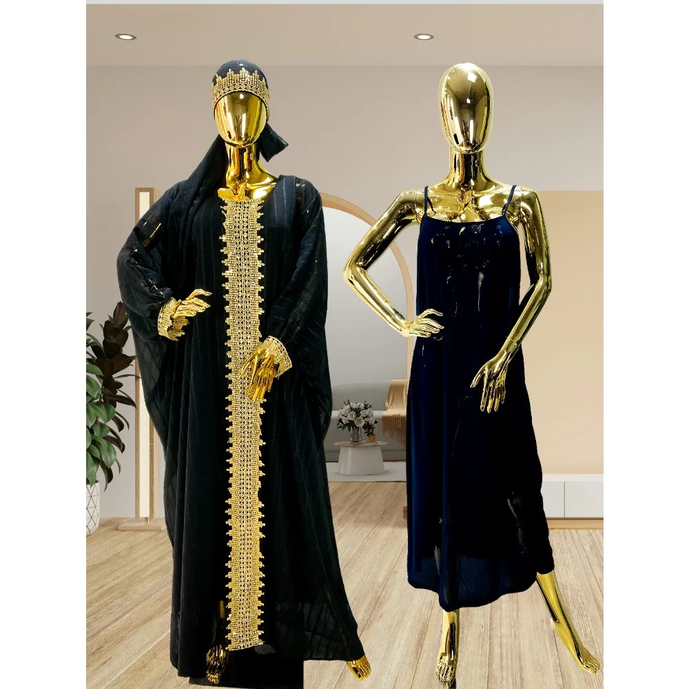Abito da donna tradizionale africano retrò con nastro intrecciato Moda maniche svasate Abaya allentato Abito da cerimonia nuziale di lusso leggero musulmano