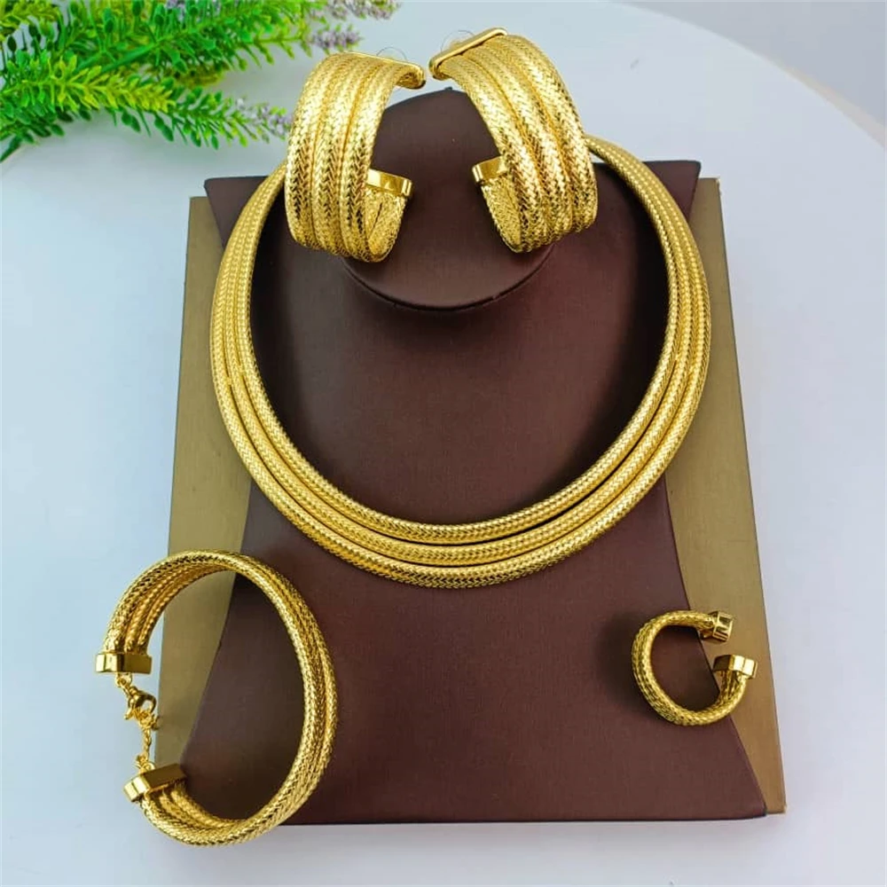 EMMA Trendy African Jewelry Set for Women Chunky Necklace Earrings Dubai Gold Plated Bracelet Fashion Party Jewellery FHK17178