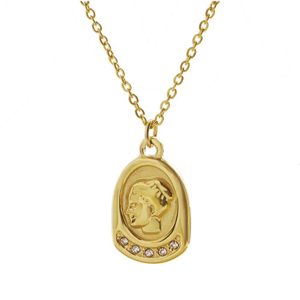 Stainless Steel Gold Plated Women Fashion Queen Coin Disc Pendant Necklace Elizabeth Jewelry Gift