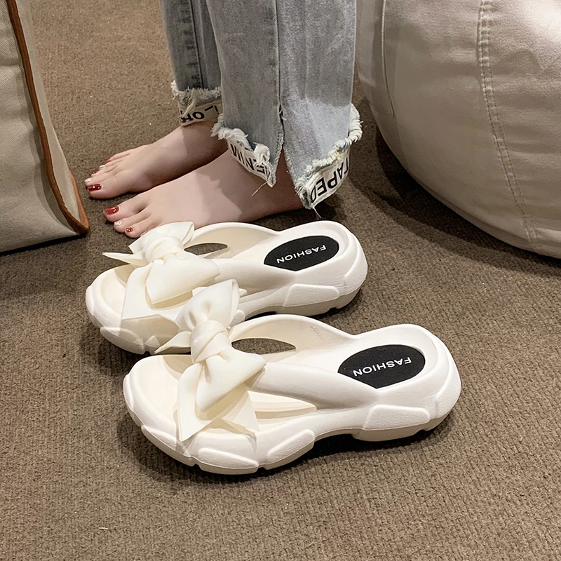 Lucyever Cute Bowknot Wedge Flip Flops for Women Summer Clip Toe Platform Sandals Woman Thick Sole Non Slip Beach Slide Slippers