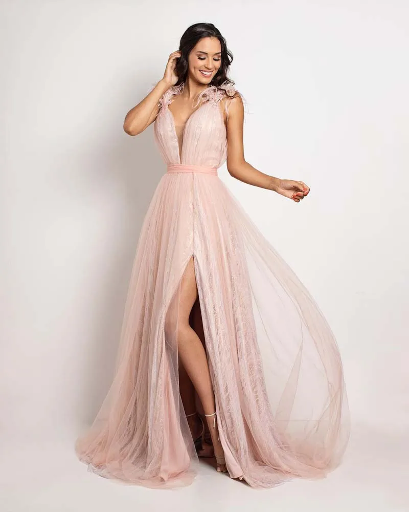 Blush Pink Tulle Vestido de noite, Decote em v, fenda lateral, sem mangas, vestido de baile, costas abertas, vestidos para eventos, tamanho grande, 2024