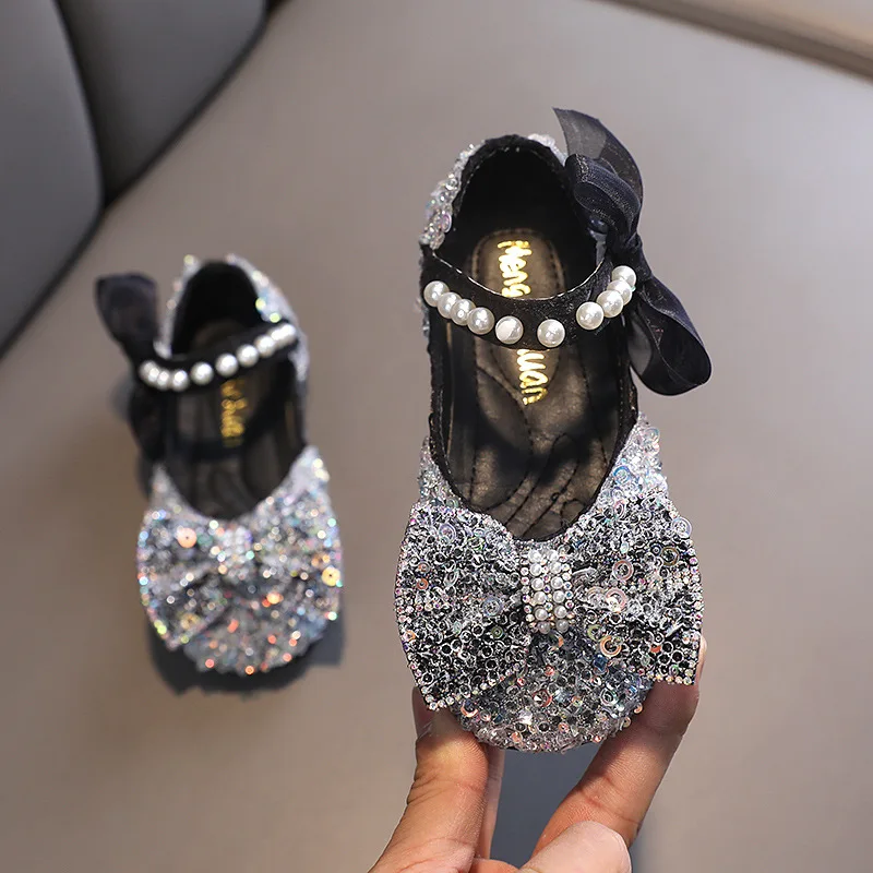 Zapatos de princesa con diamantes de imitación para niña, zapatos de cuero con lazo con lentejuelas, zapatos planos para niños, zapatos para actuaciones de baile, H87, 2023