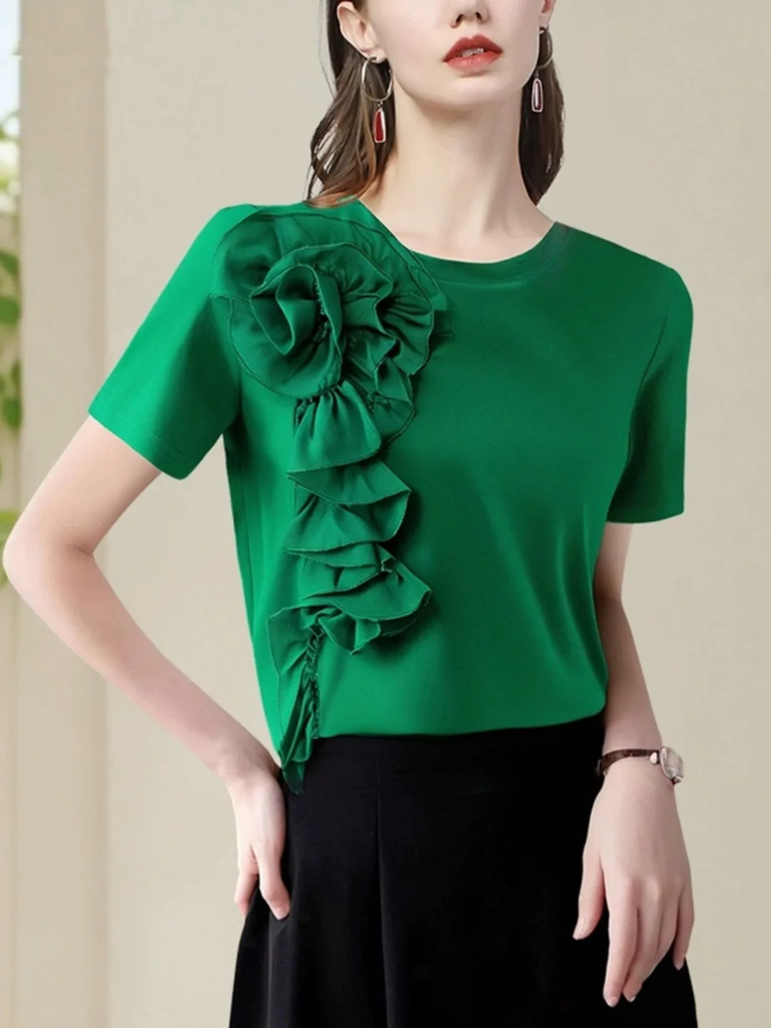 

Ele round Ne ort Sve футболка женский летний топ большой 3D цветочный дизайн дышащий влажный ng повседневный моон